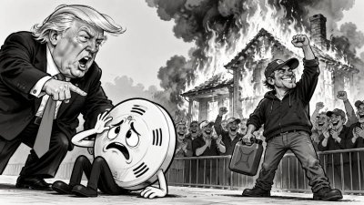 Donald Trump beschimpft vor einem brennenden Haus einen verängstigten Rauchmelder, während ein Mann mit Benzinkanister von einer jubelnden Menge gefeiert wird.