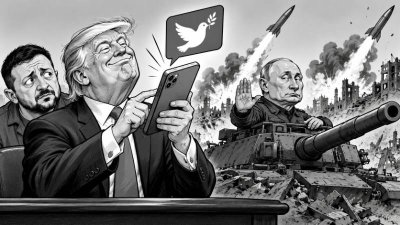 Schwarz-weiße politische Karikatur: Donald Trump tippt selbstzufrieden auf ein Smartphone mit Friedenssymbol, während Selenskyj skeptisch danebensteht und Putin aus einem Panzer heraus abwehrend die Hand hebt; im Hintergrund steigen Raketen auf.