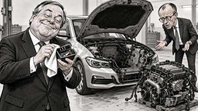Schwarz-weiße Karikatur: Ein Anzugträger poliert zufrieden einen Aschenbecher neben einem Auto mit leerem Motorraum, während Friedrich Merz fassungslos auf den ausgebauten Motor blickt.