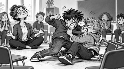 Schwarz-weiße Karikatur eines Klassenzimmers: Während sich zwei Schüler heftig prügeln, sitzt eine Lehrerin daneben ruhig im Schneidersitz und meditiert, während die übrigen Schüler erschrocken aus einem Stuhlkreis zusehen.